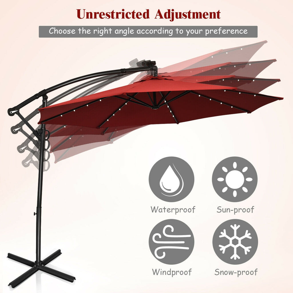 10 x 8 Feet Solar LED Patio Umbrella 360° Rotation, Dark Red