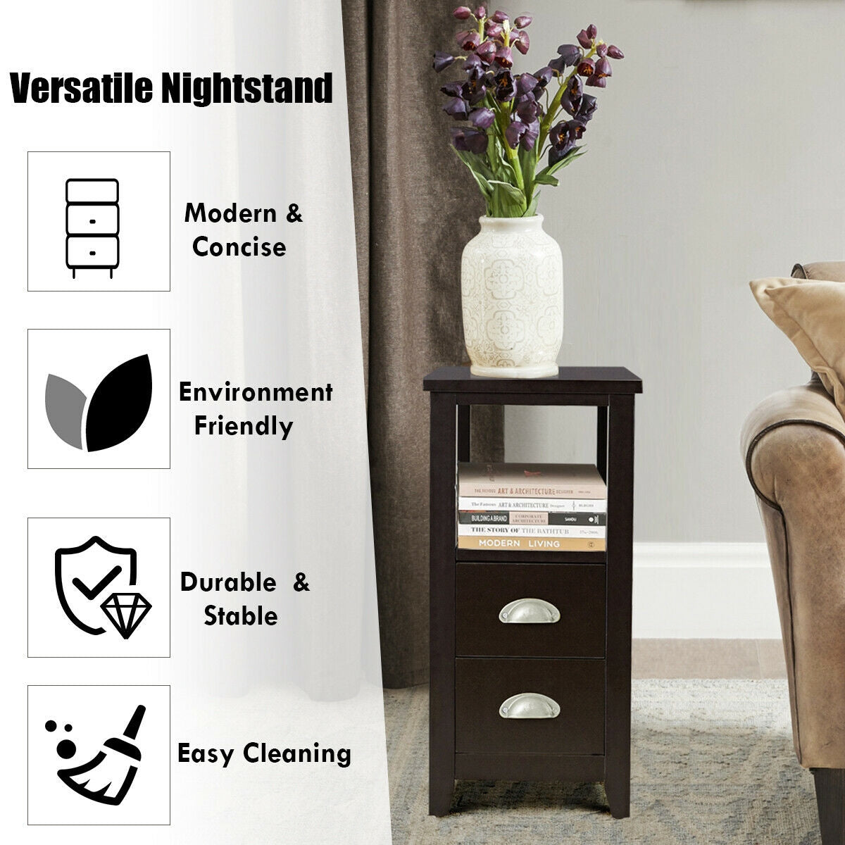 Rectangular Wooden Nightstand with 2 Drawers & Shelf, Dark Brown