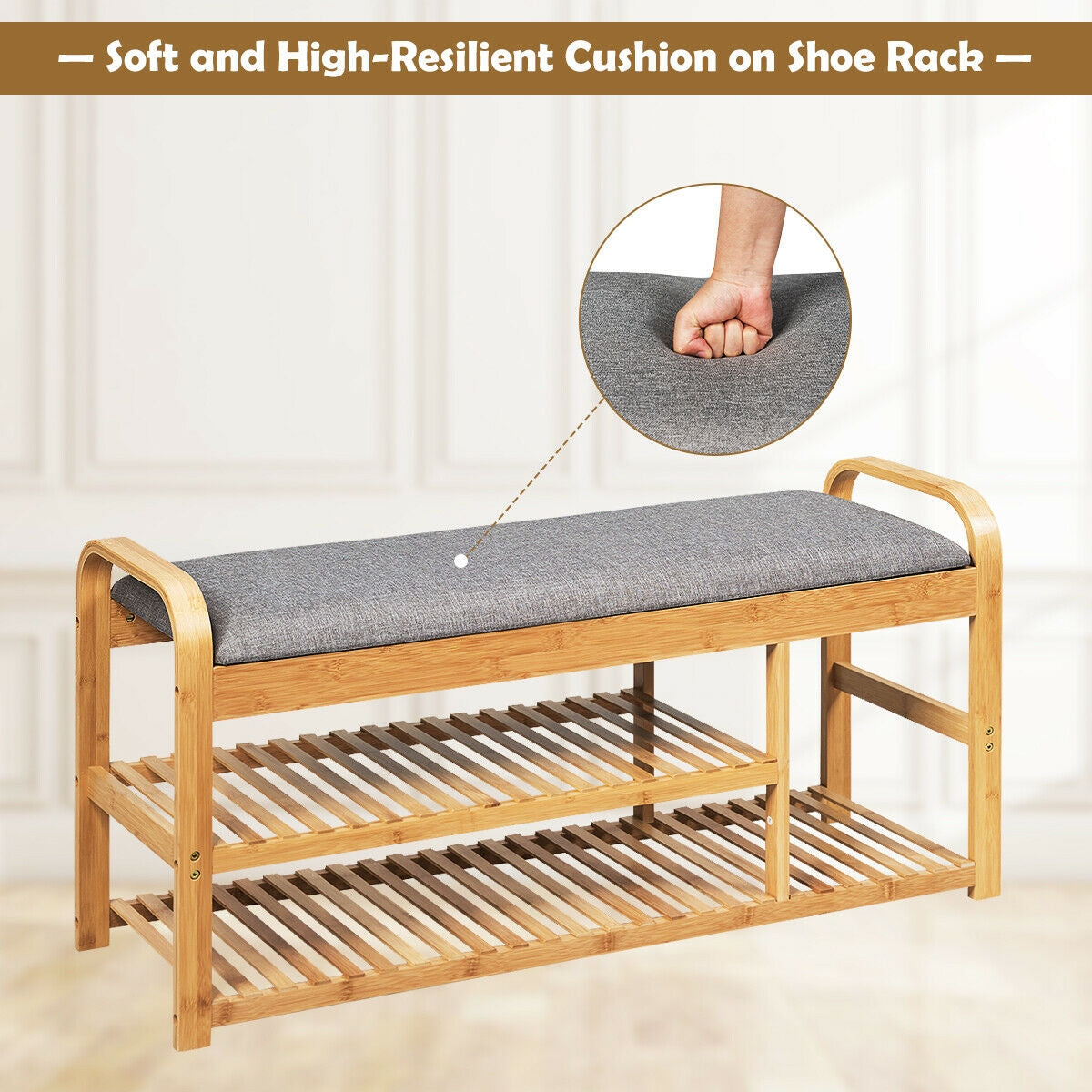 Bamboo Shoe Rack Bench with Cushion - 40", Natural