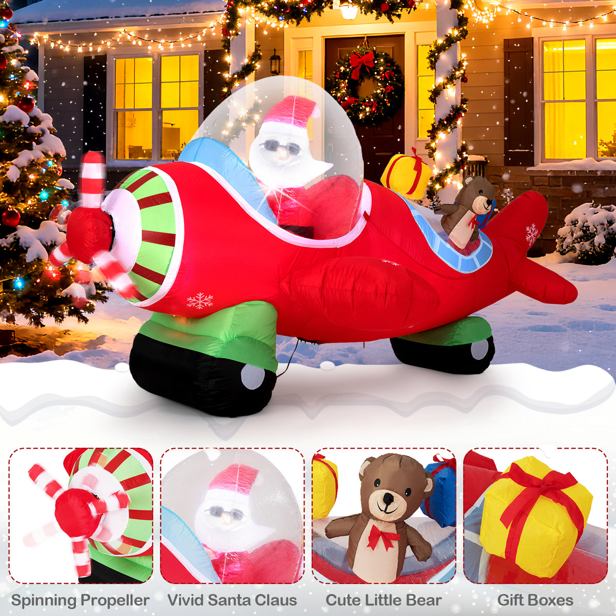 Christmas Inflatable Airplane with LED Lights and Gift Boxes - 7.2 Feet