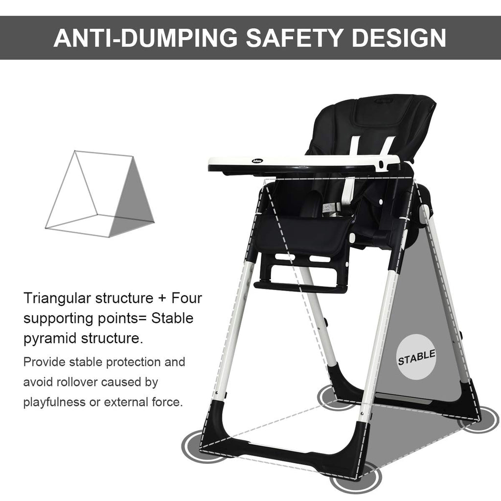 Foldable Baby High Chair with Adjustable Backrests & Safety Restraint - Black