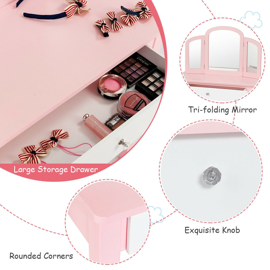 Kids Vanity Dressing Table with Tri-Fold Mirror and Chair - Pink, No Lights & Mirror