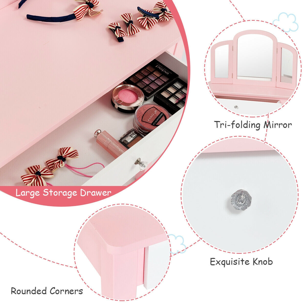 Kids Vanity Dressing Table with Tri-Fold Mirror and Chair - Pink, No Lights & Mirror
