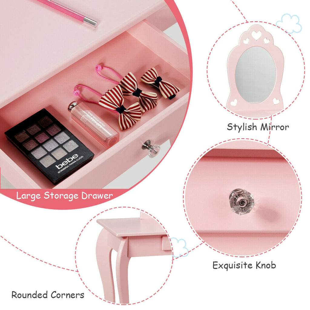Kids Princess Makeup Dressing Play Table Set with Mirror - Pink