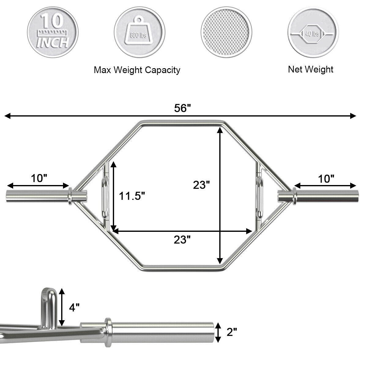 56 Inch Olympic Hexagon Deadlift Trap Bar with Folding Grips for 2-Inch Plates - Silver