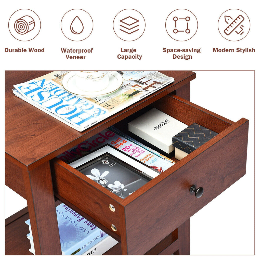 Set of 2 Nightstands with Drawer and Open Shelves