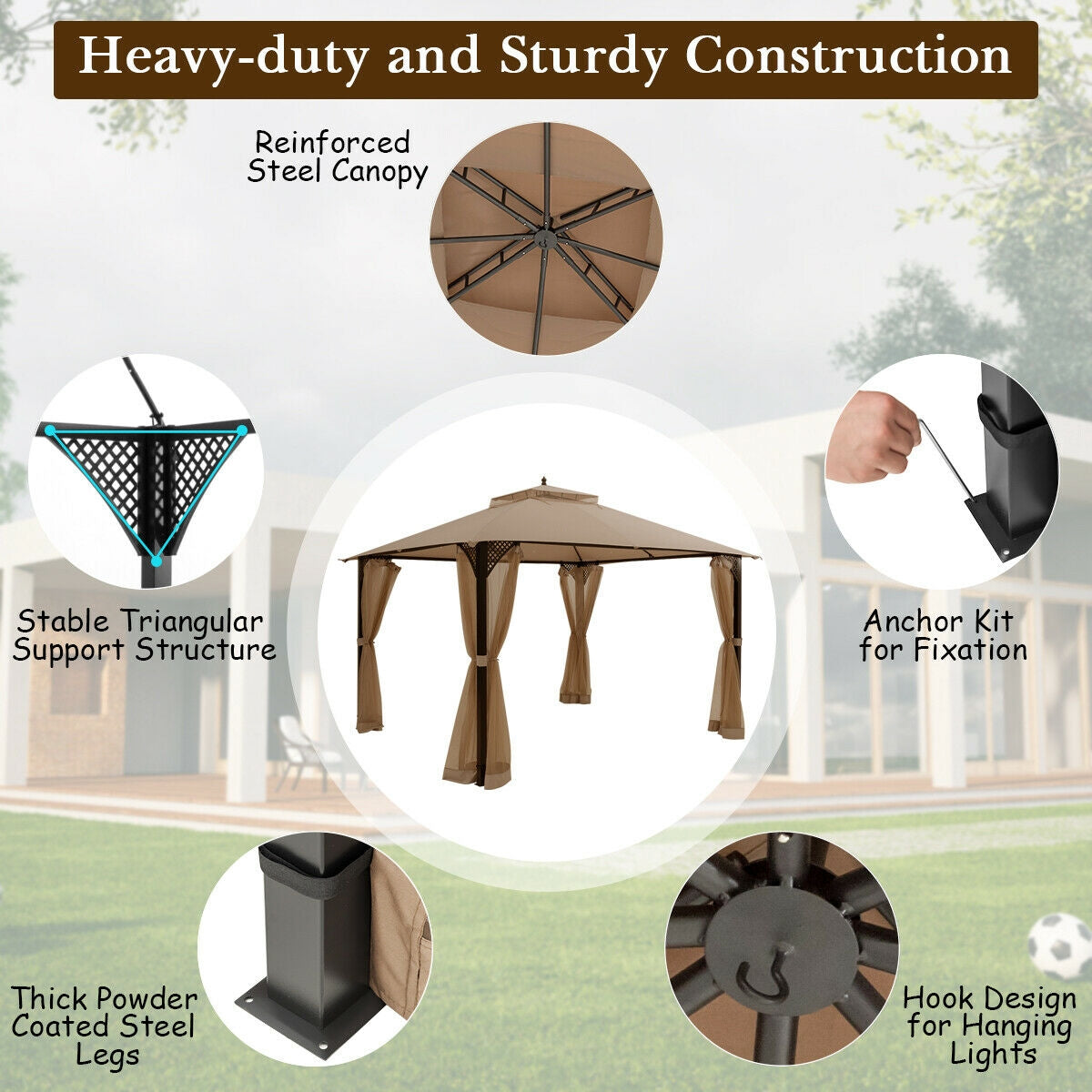 12 x 10 Patio Gazebo with Netting - Brown