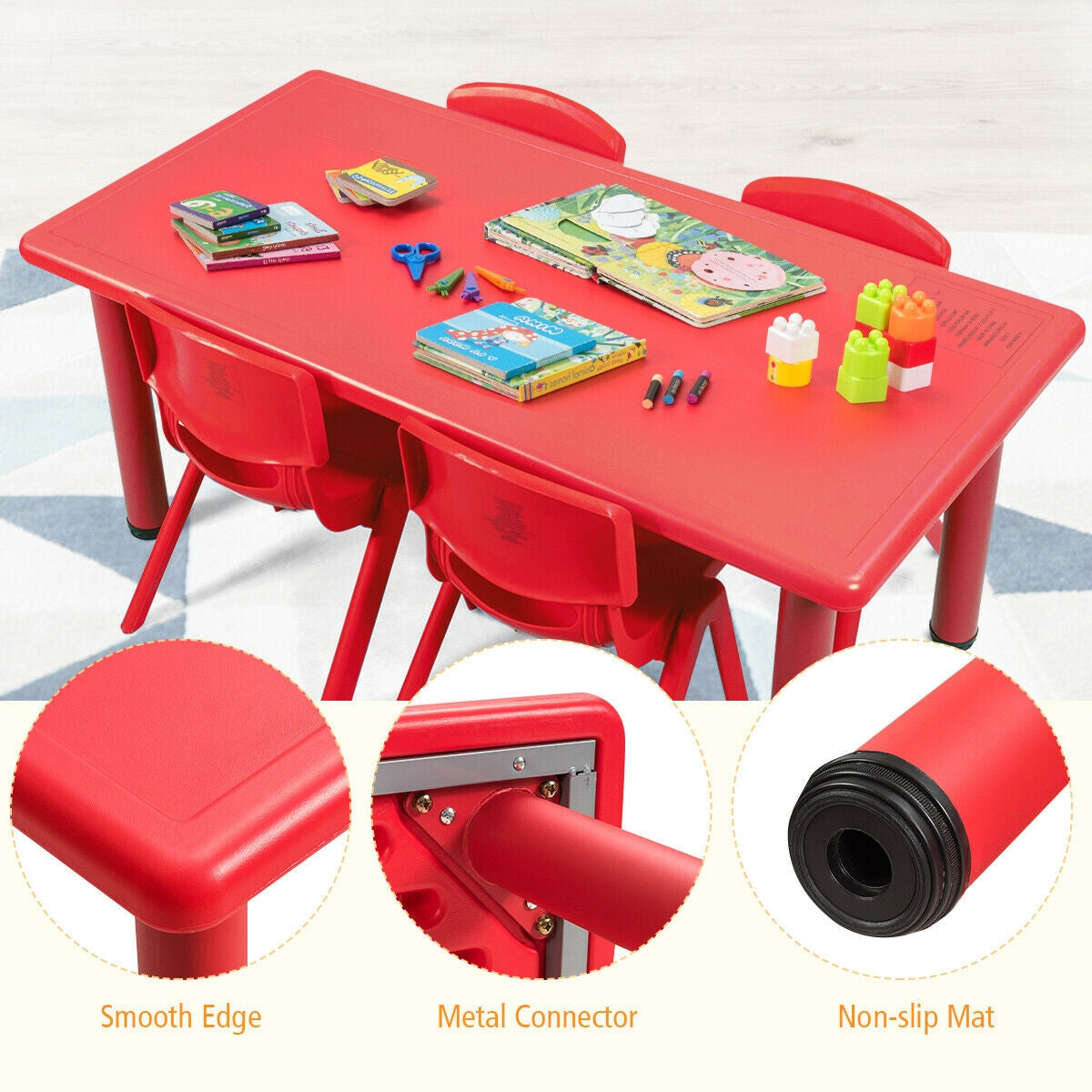 Kids Plastic Rectangular Play and Learning Table - Red