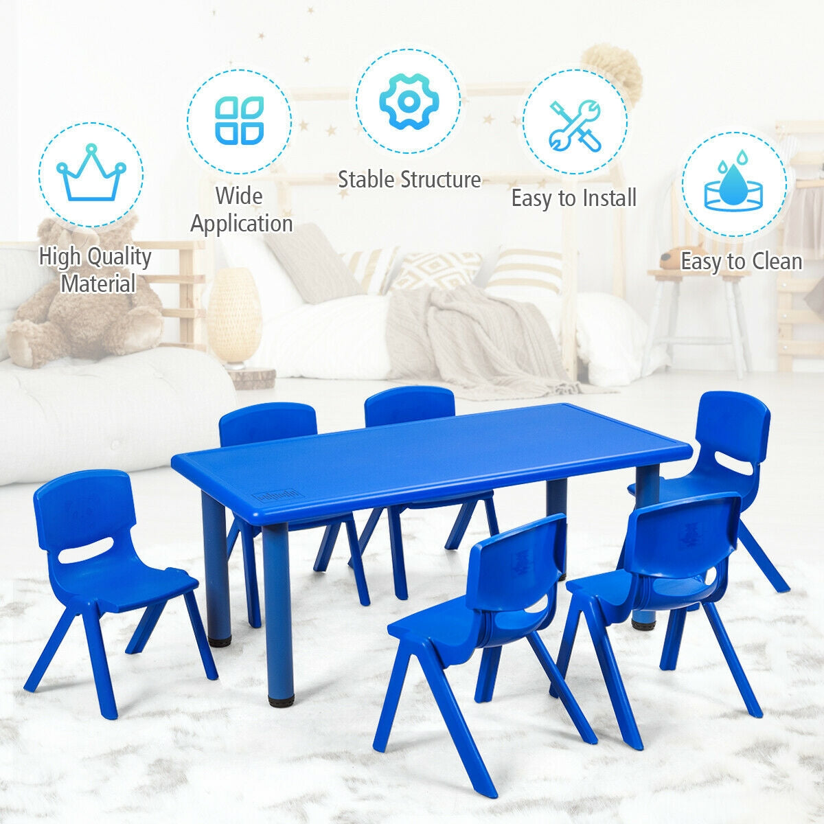 Kids Plastic Stackable Classroom Chairs - Set of 6, Blue, Kid-Sized, Indoor & Outdoor Use