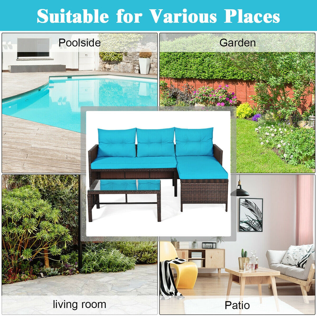 Outdoor Rattan Corner Sectional Sofa Set with Glass Table - Turquoise