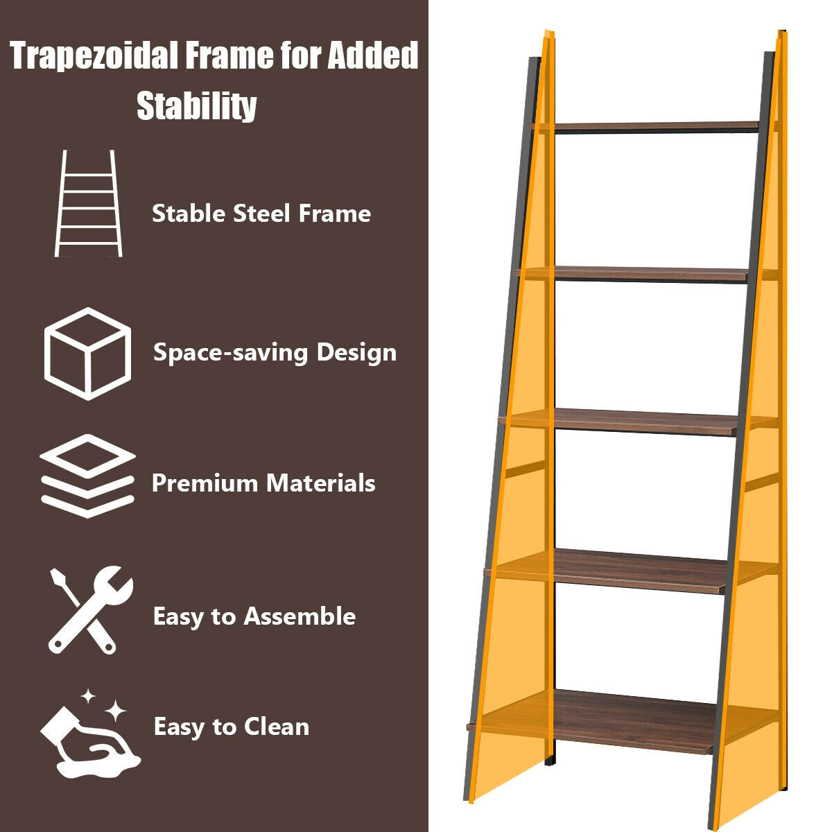5-Tier Leaning Bookshelf Wood Metal Bookcase