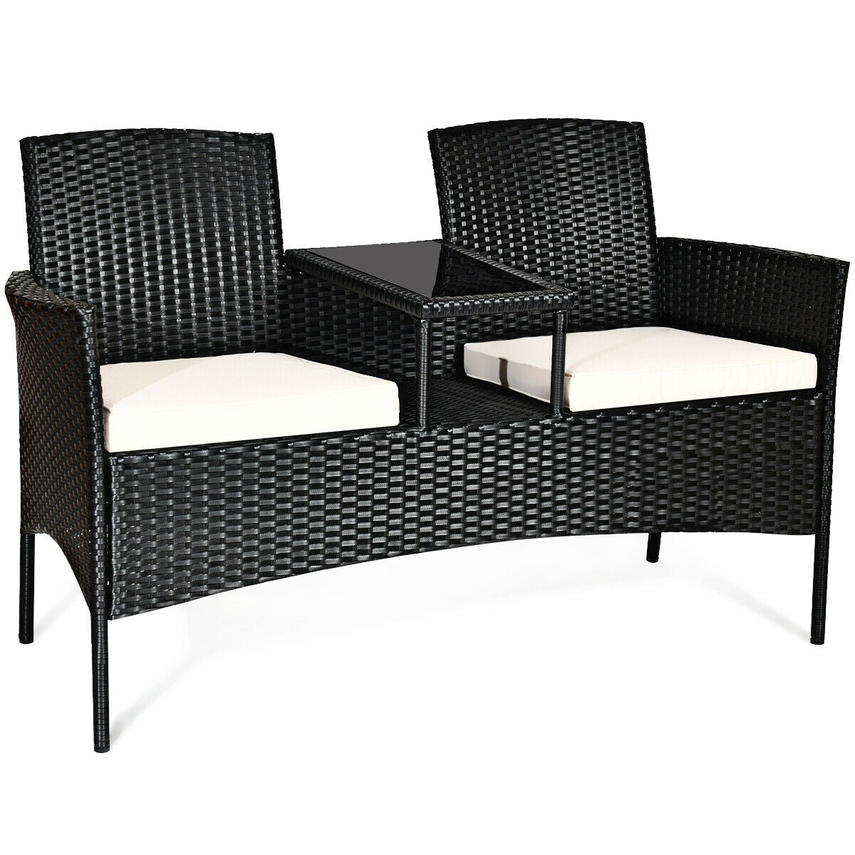 Outdoor Wicker Patio Loveseat with Built-in Glass Side Table