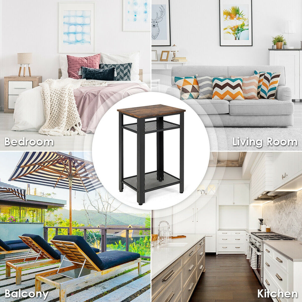 3-Tier Industrial End Table with Metal Mesh Shelves