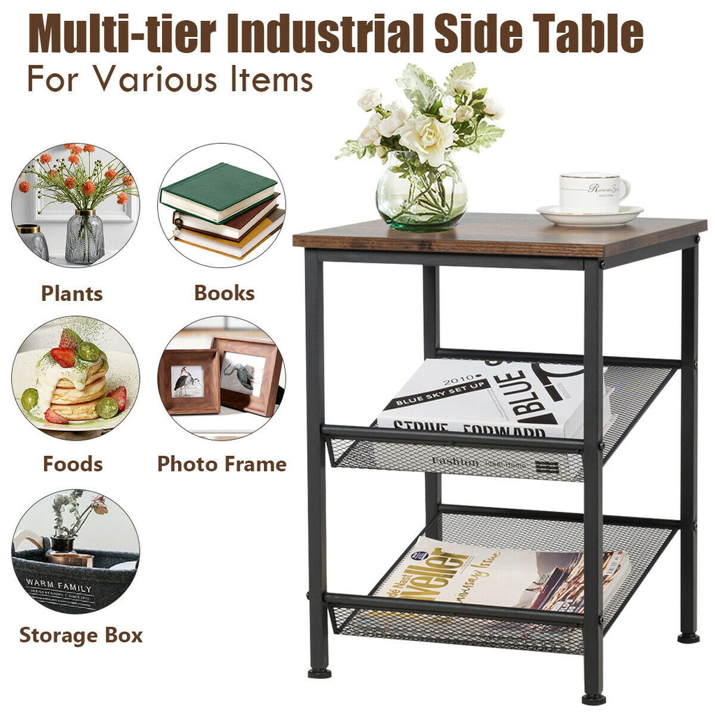 3-Tier Industrial End Table with Mesh Shelves - Adjustable