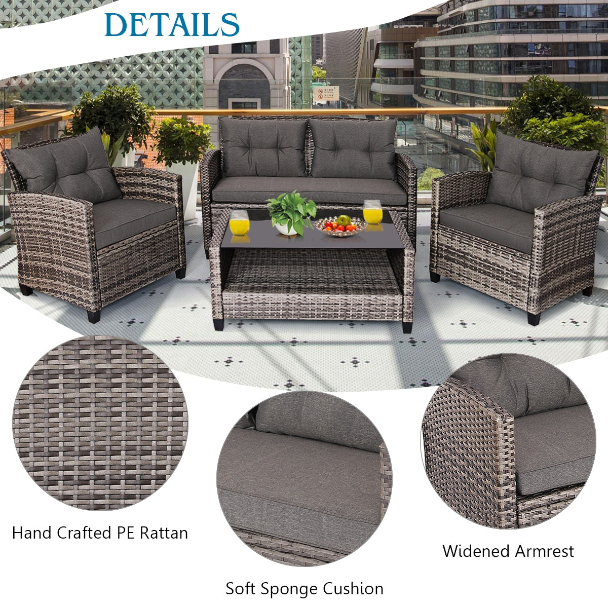 4-Piece Patio Rattan Furniture Set with Loveseat, Sofas & Coffee Table - Gray