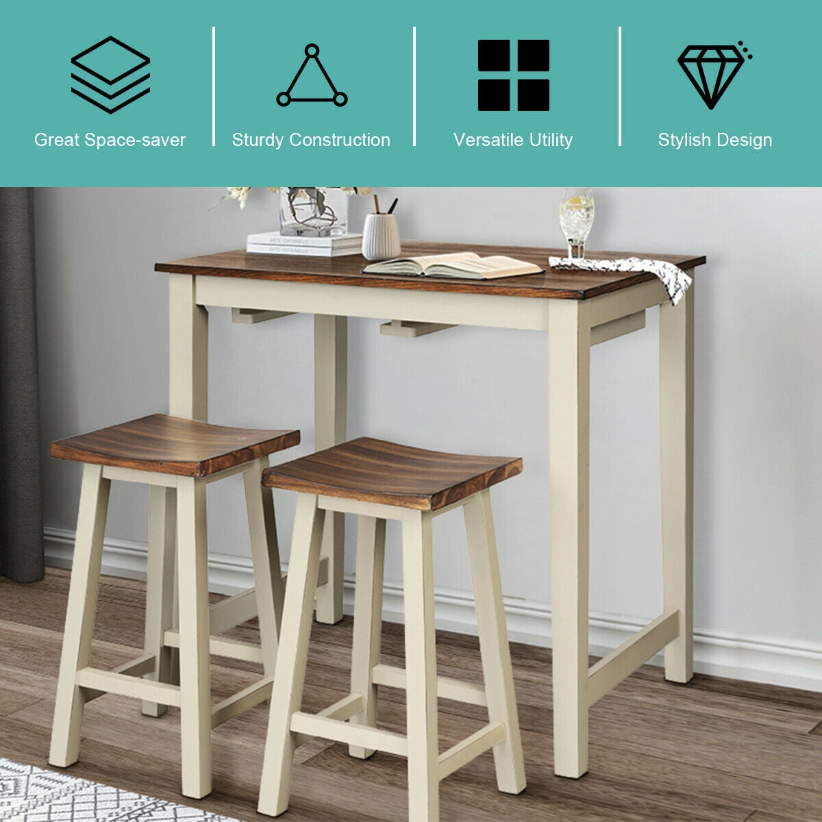 Counter Height Pub Table with 2 Saddle Bar Stools Set