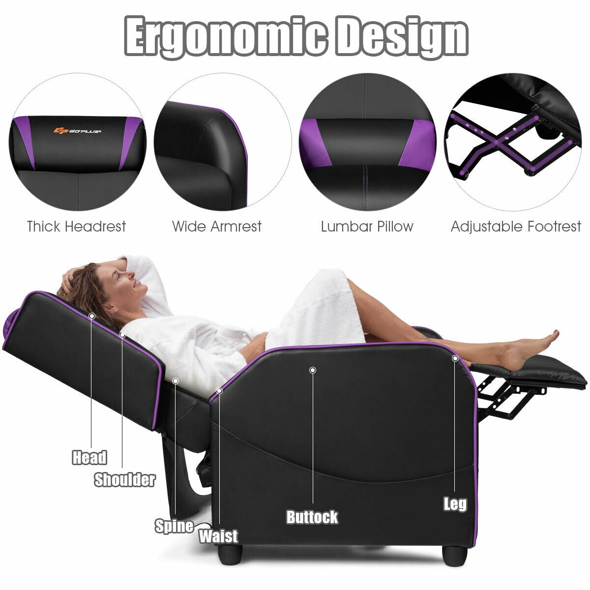 Gaming Recliner Chair with Massage & Footrest - Purple