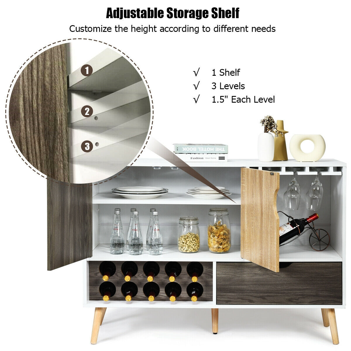 Mid-Century Sideboard with Wine Rack - Wooden Storage Cabinet