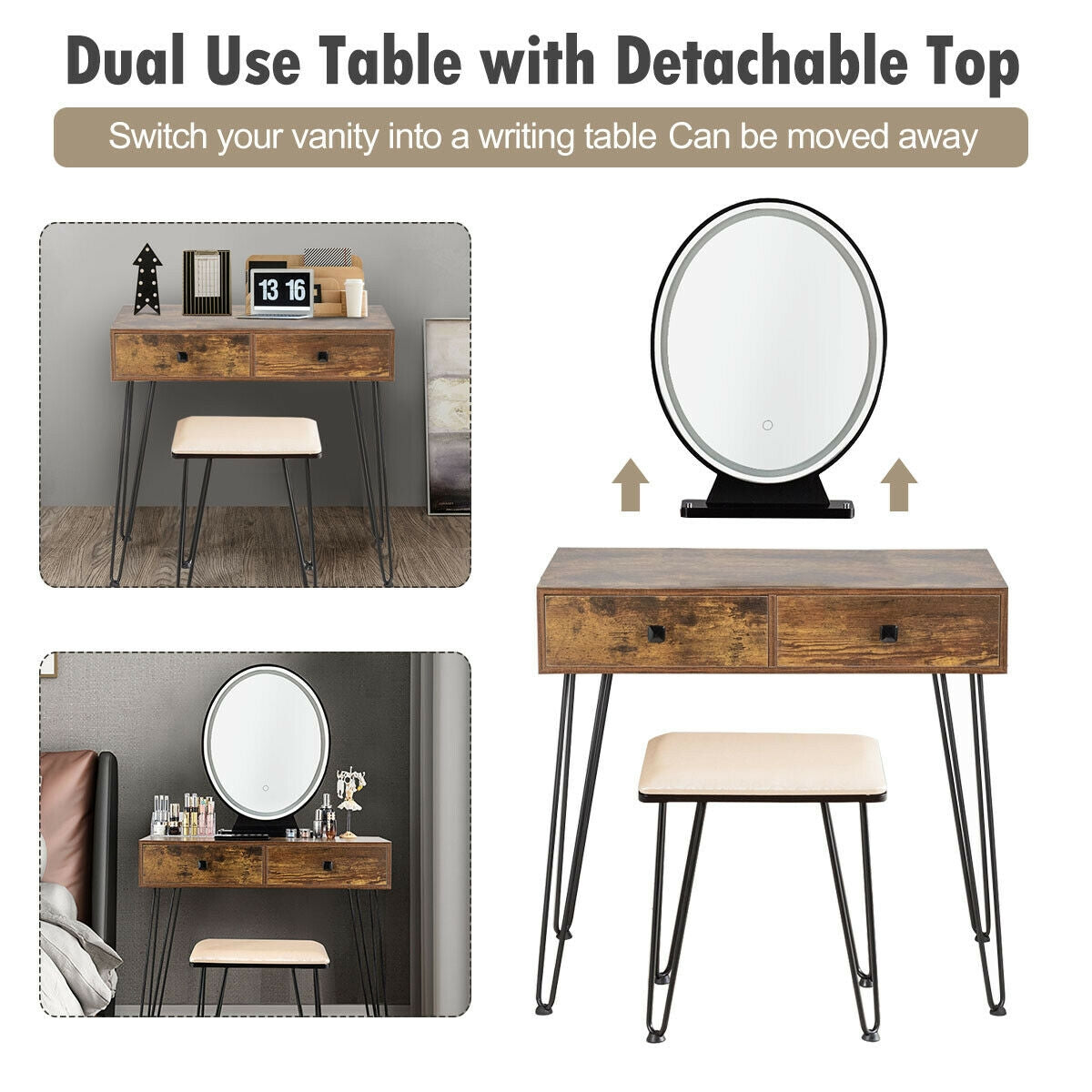 Makeup Dressing Table with LED Lighting - Rustic Brown