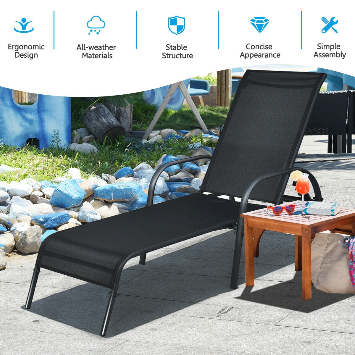 Adjustable Patio Chaise Lounge Chair with Backrest - Black