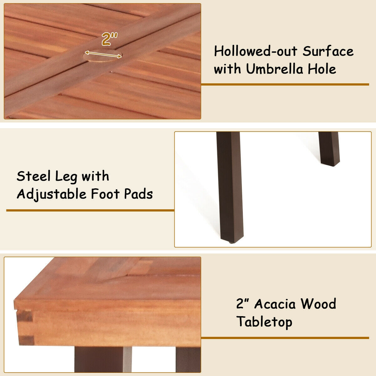 Acacia Wood Dining Table 67.5" x 32" with Umbrella Hole