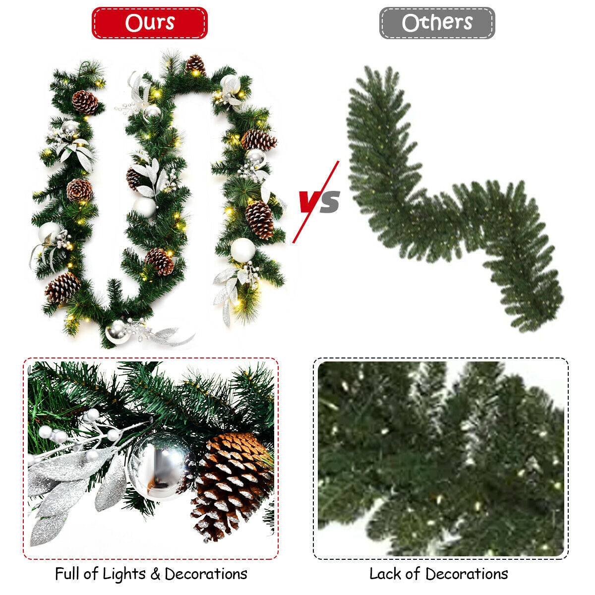 Silver Leaf 9ft Pre-Lit Artificial Christmas Garland with LED Lights
