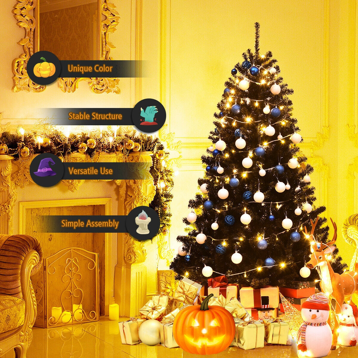 Hinged Artificial Halloween Christmas Tree - 6 Feet Black Holiday Tree