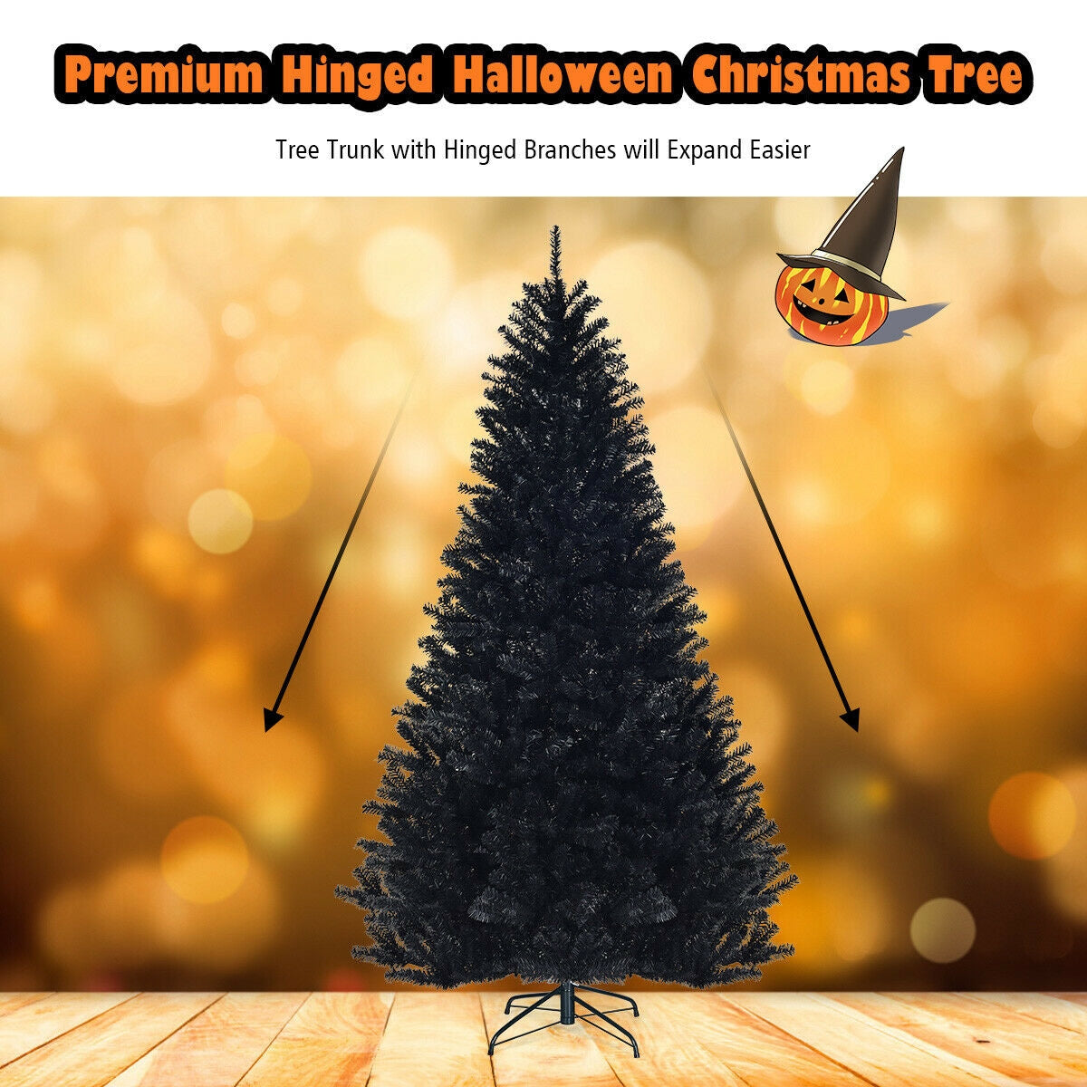Hinged Artificial Christmas Tree - 7.5 Feet Black Holiday Tree with 1258 Tips