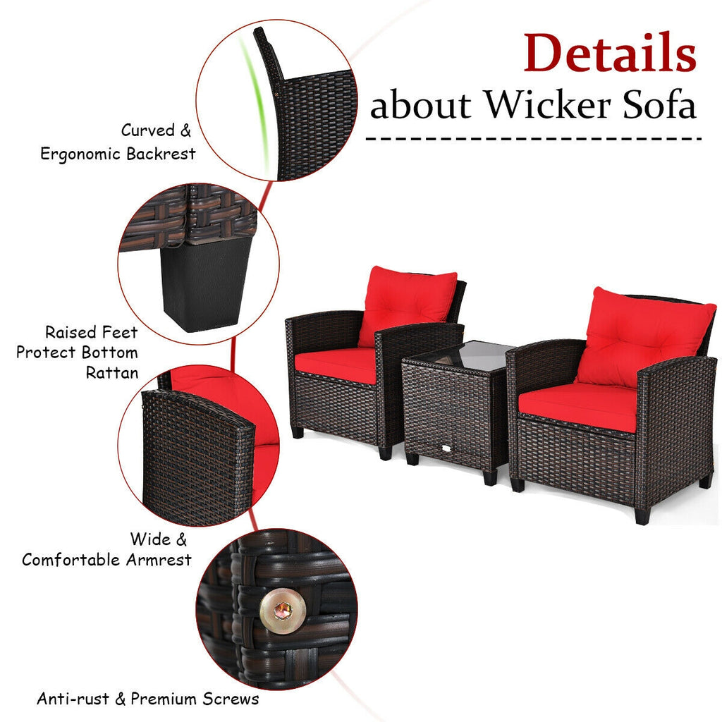 3-Piece Rattan Patio Furniture Set, Brown Rattan, Red Cushions