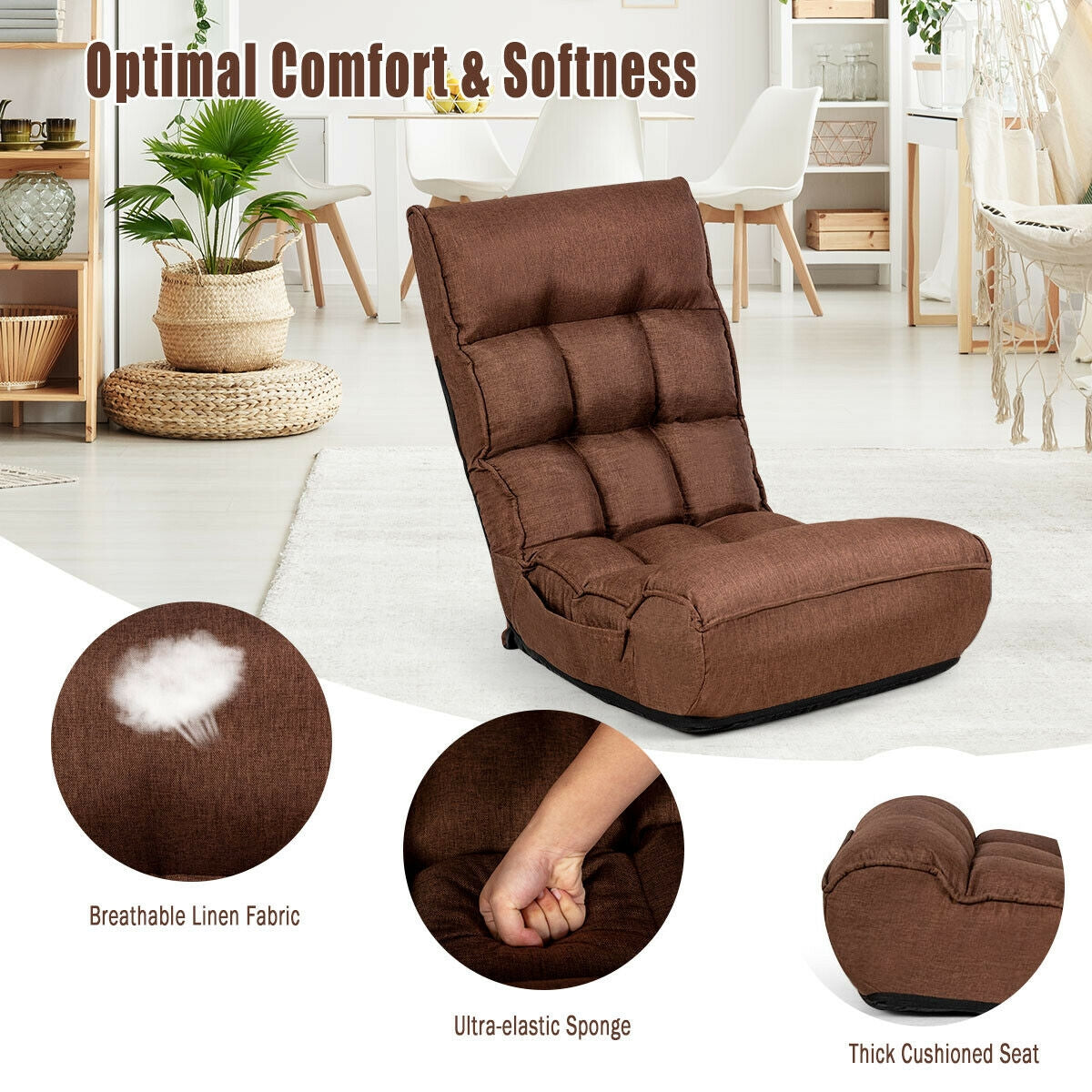 4-Position Adjustable Floor Chair Folding Lazy Sofa - Coffee