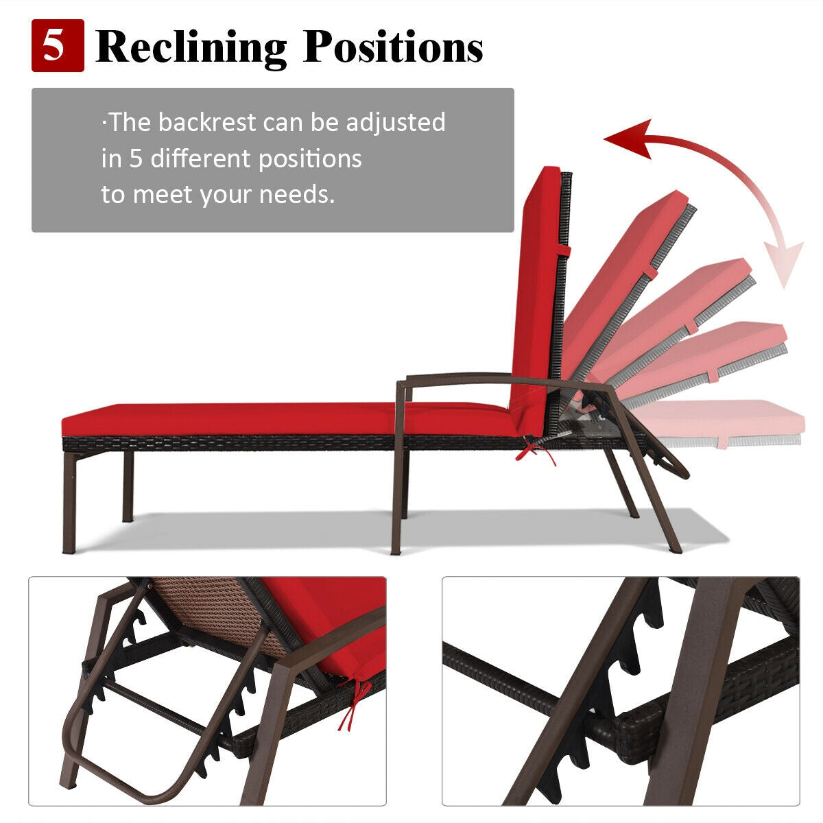 Patio Rattan Reclining Chaise Lounge Chair with Cushion – Red