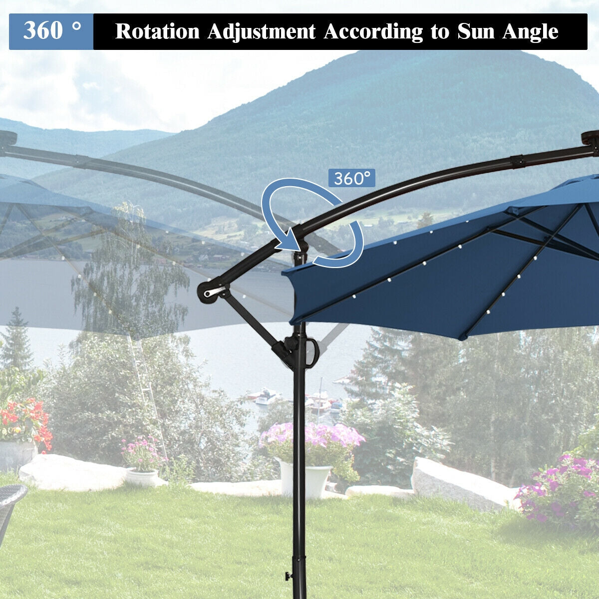 10 x 8 Feet Solar LED Patio Umbrella, 360° Rotation, Blue