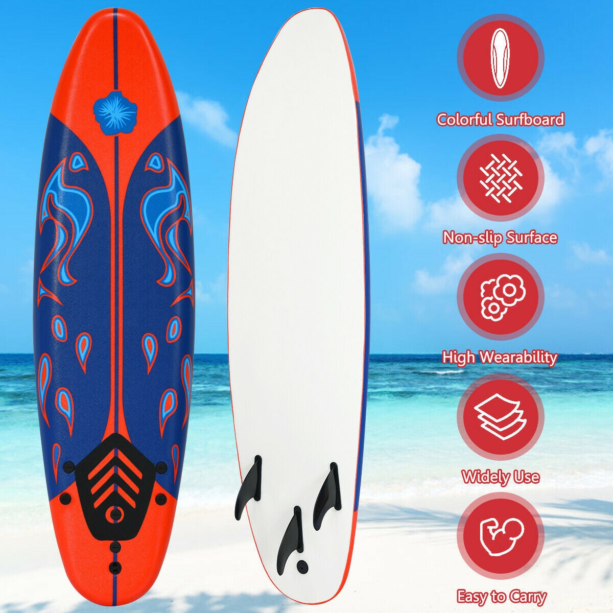 6 Feet Surfboard with Detachable Fins - Lightweight Body Board, Red - Costway