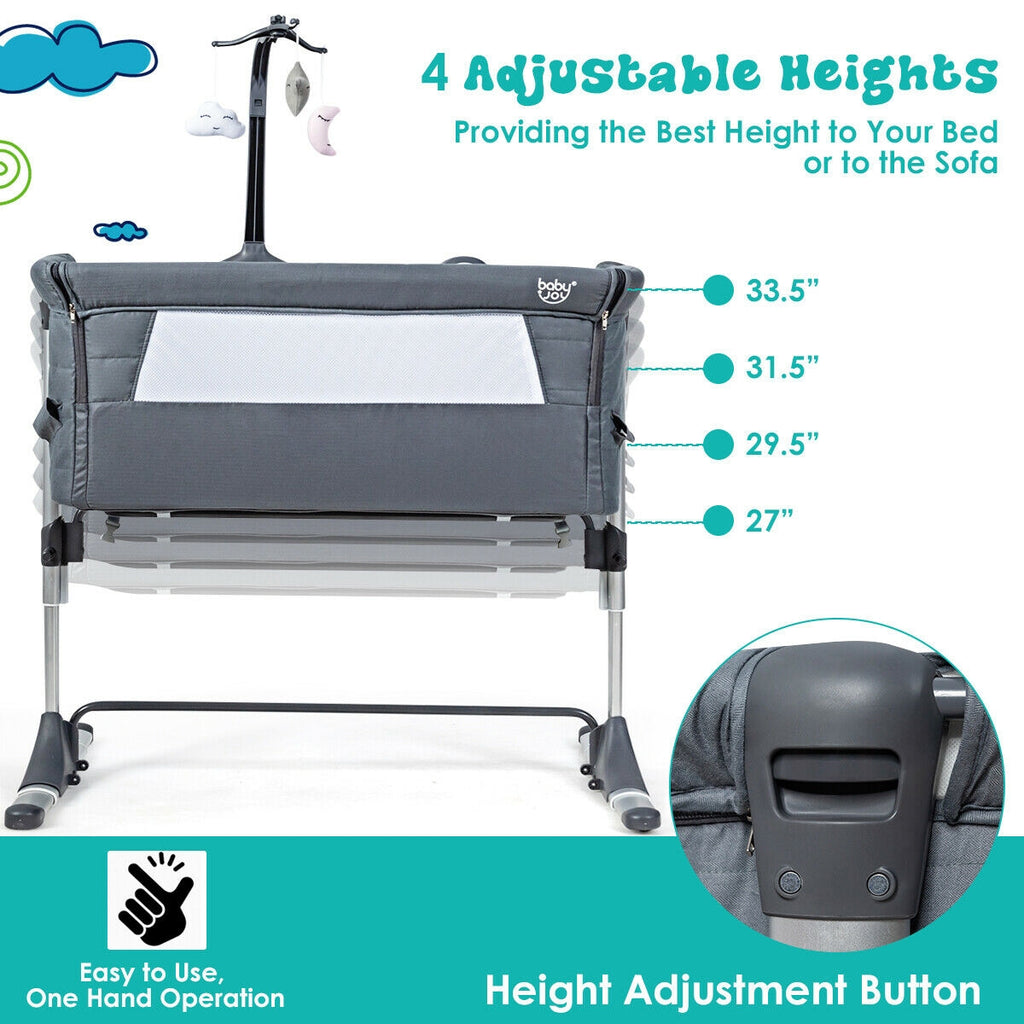 Height Adjustable Baby Side Crib with Music Box & Toys - Dark Gray