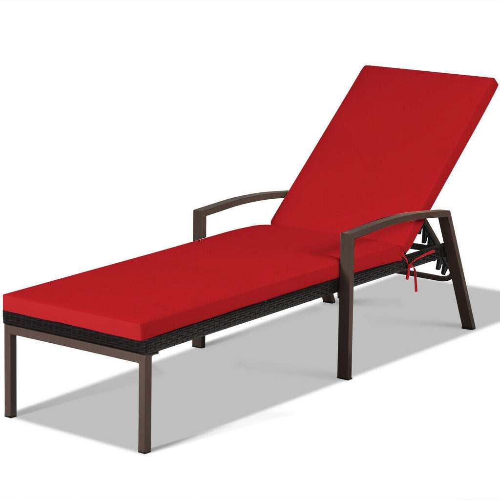 Outdoor Rattan Reclining Lounge Chair with Adjustable Backrest - Red