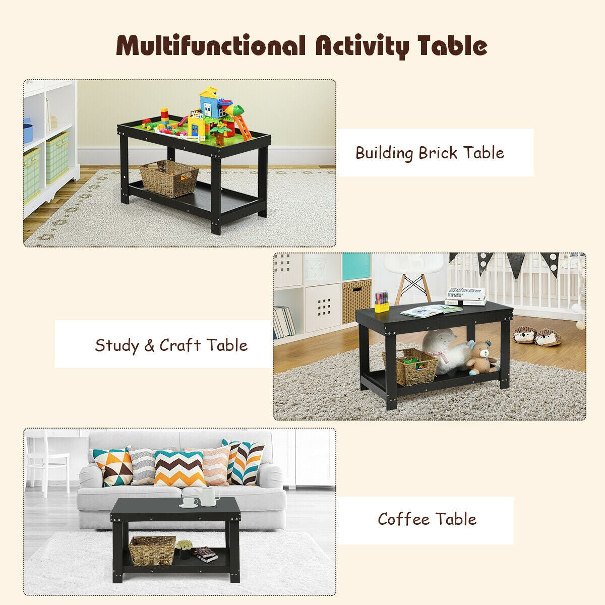 Building Brick Table - Dark Brown Kids Activity Play Table with Storage