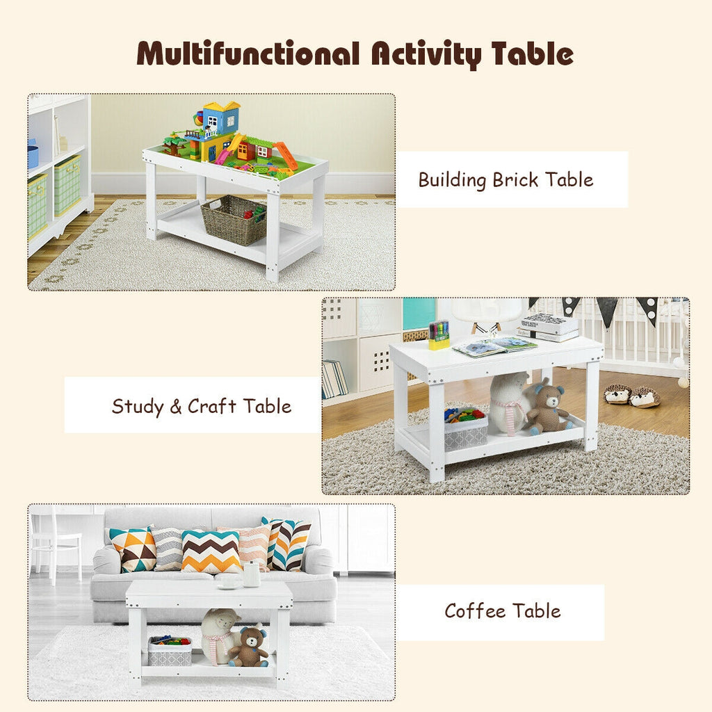 Kids Building Brick Play Table - White, Multifunctional Wooden Activity Table for Children
