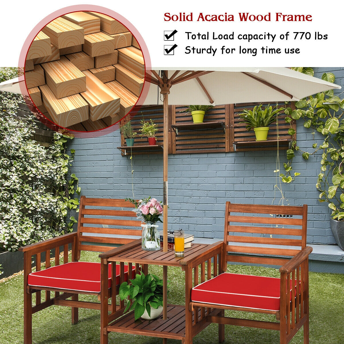 3-Piece Outdoor Loveseat Set with Coffee Table - Acacia Wood, Red