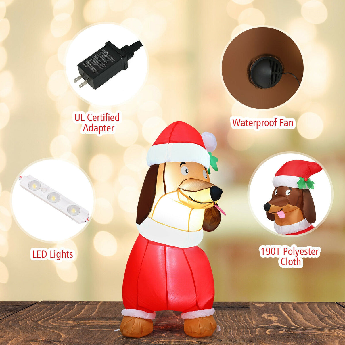 5 Feet Inflatable Christmas Dog with LED Lights - Indoor Outdoor Holiday Decoration
