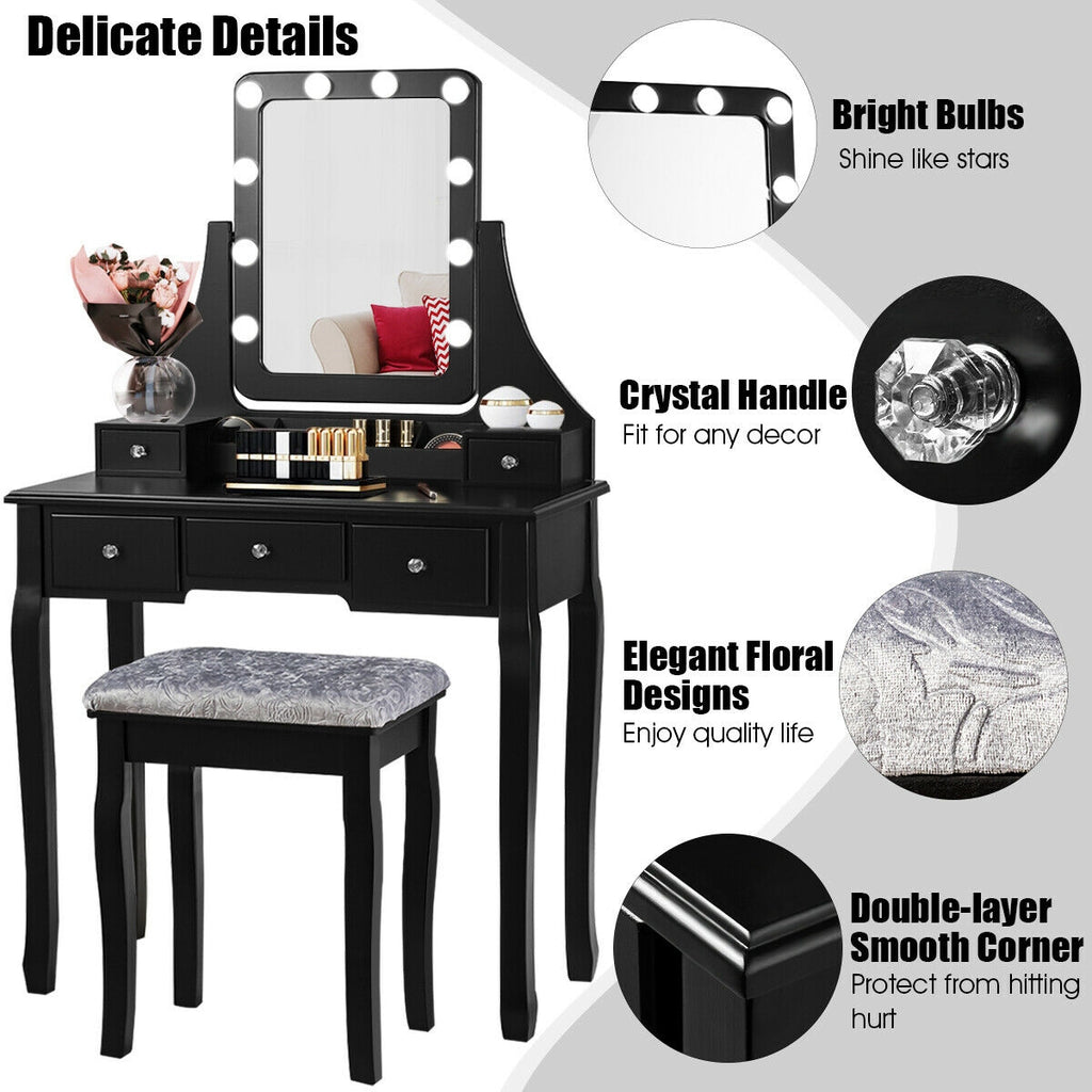 Dressing Table with 10 Dimmable Bulbs and Cushioned Stool - Black