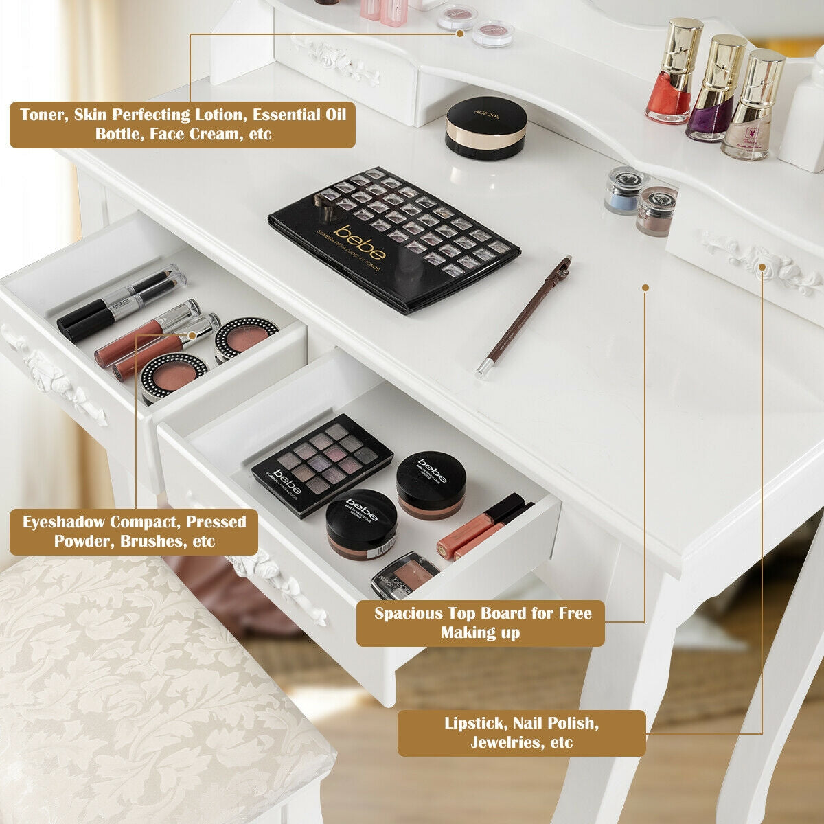 Makeup Vanity Dressing Table with Dimmable Bulbs & Stool - Round, White