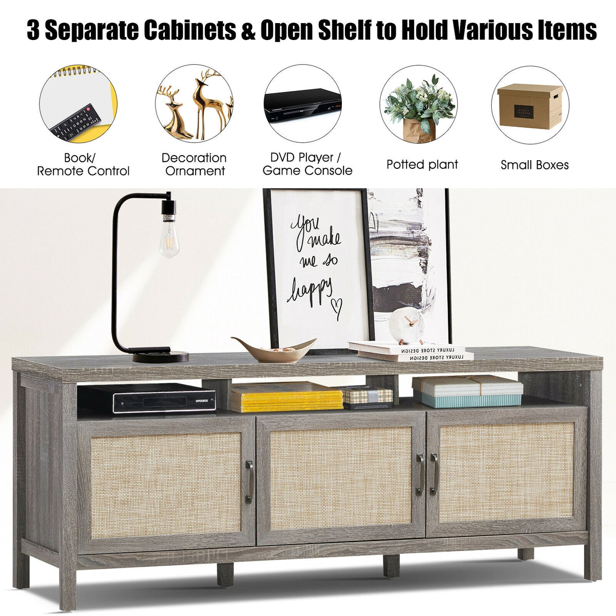TV Stand for 65 Inch TVs with Storage Cabinets - Gray