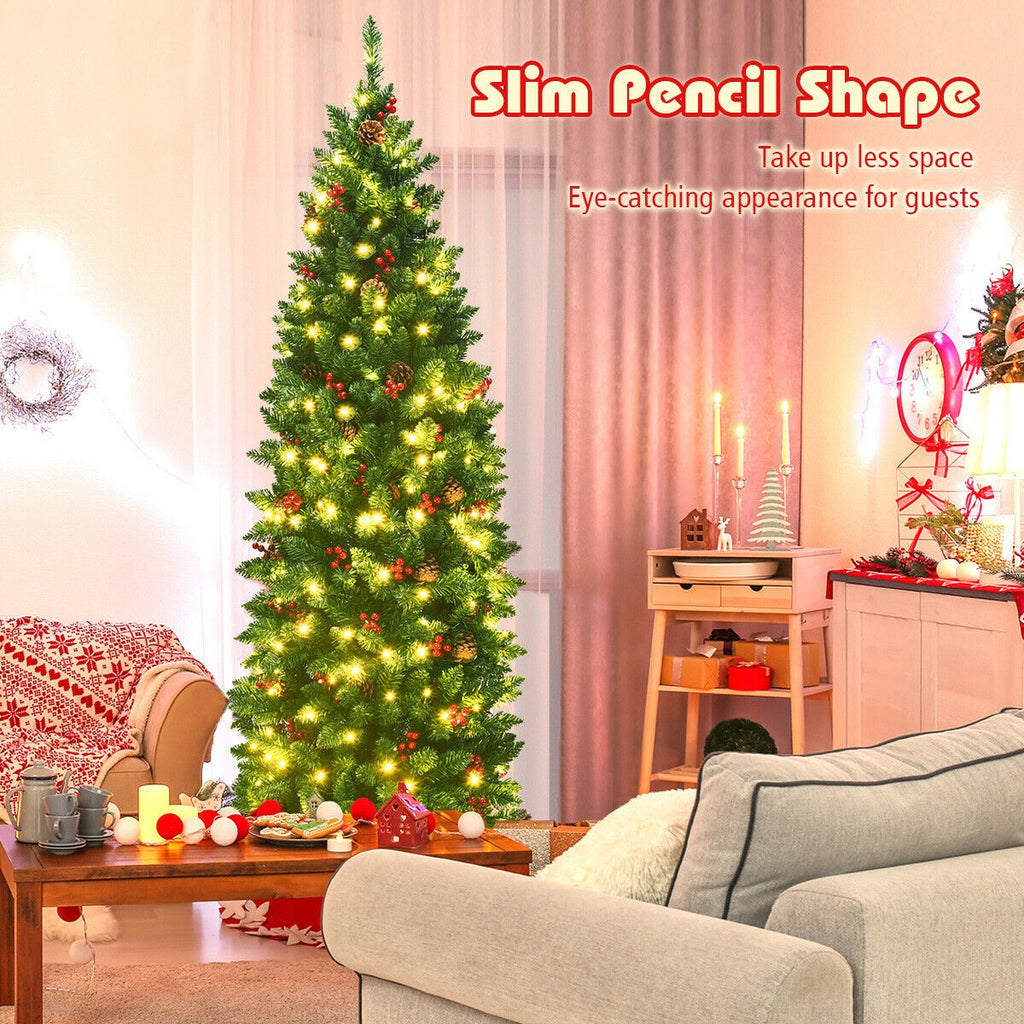 Pre-lit Artificial Christmas Tree 6.5Ft Slim Hinged Pencil Tree with Lights & Decorations