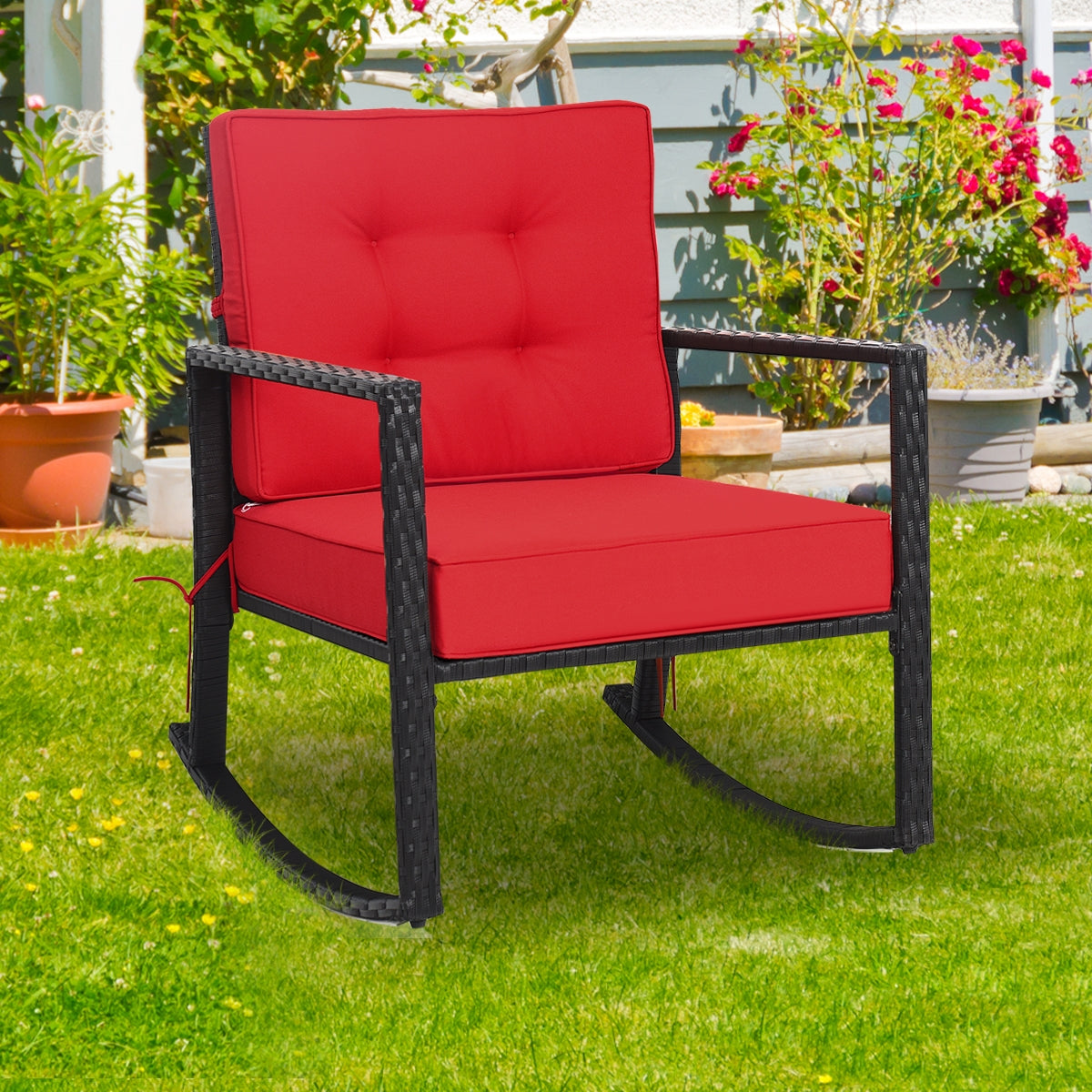 Rattan Rocking Chair with Cushion, Red