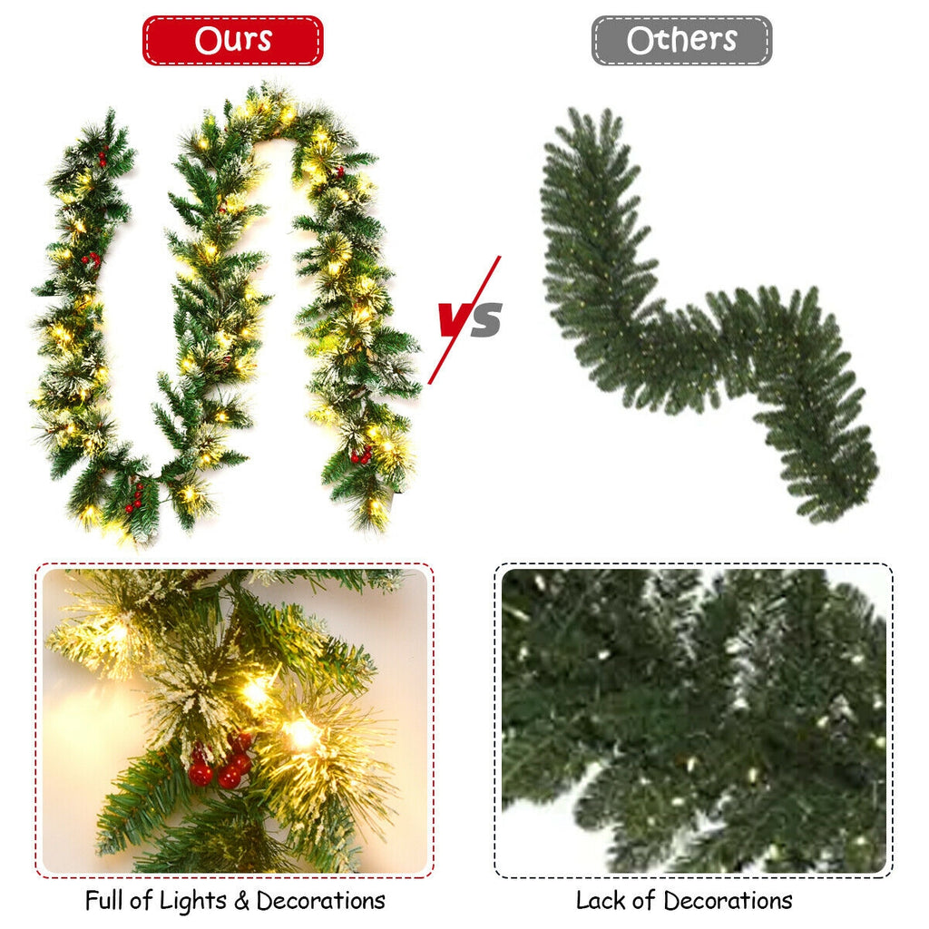 9 Feet Pre-lit Snow Flocked Christmas Garland with Red Berries - Indoor Outdoor Decor