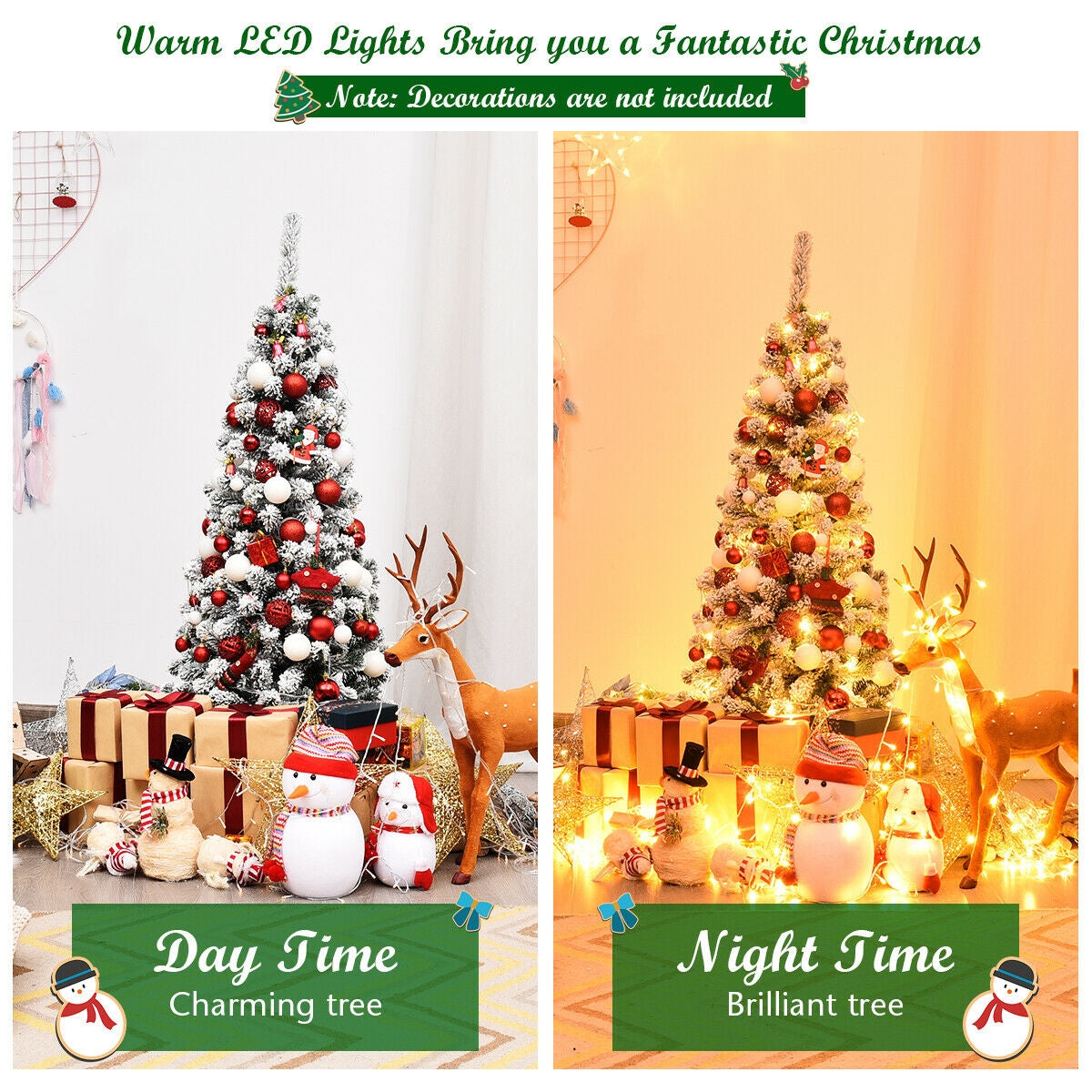 Pre-Lit Snow Flocked Pencil Christmas Tree with 150 LED Lights - 4.5 Feet