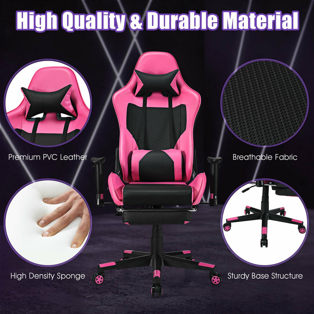 PU Leather Gaming Chair with USB Massage Lumbar Pillow, Footrest – Type-C, Pink
