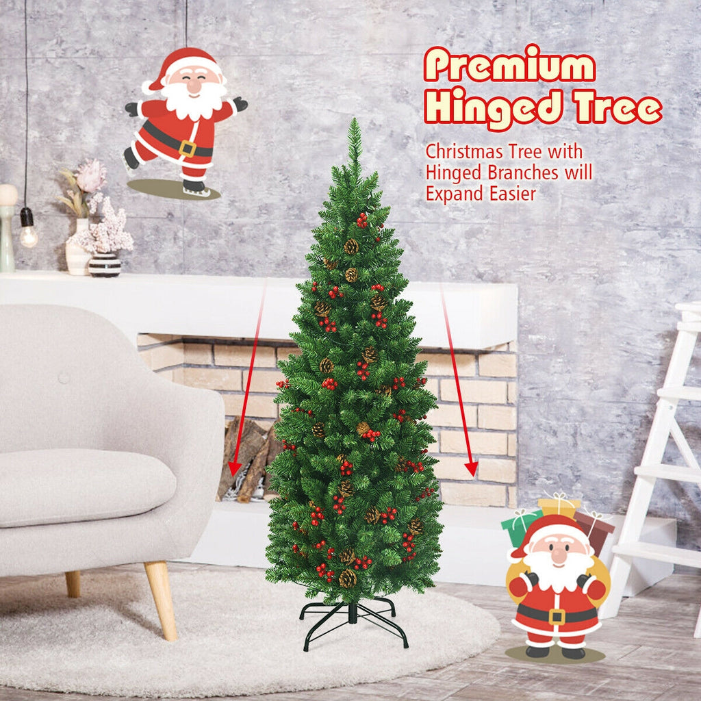 Pre-lit Hinged Pencil Christmas Tree with Pine Cones & Red Berries - 4.5 Feet