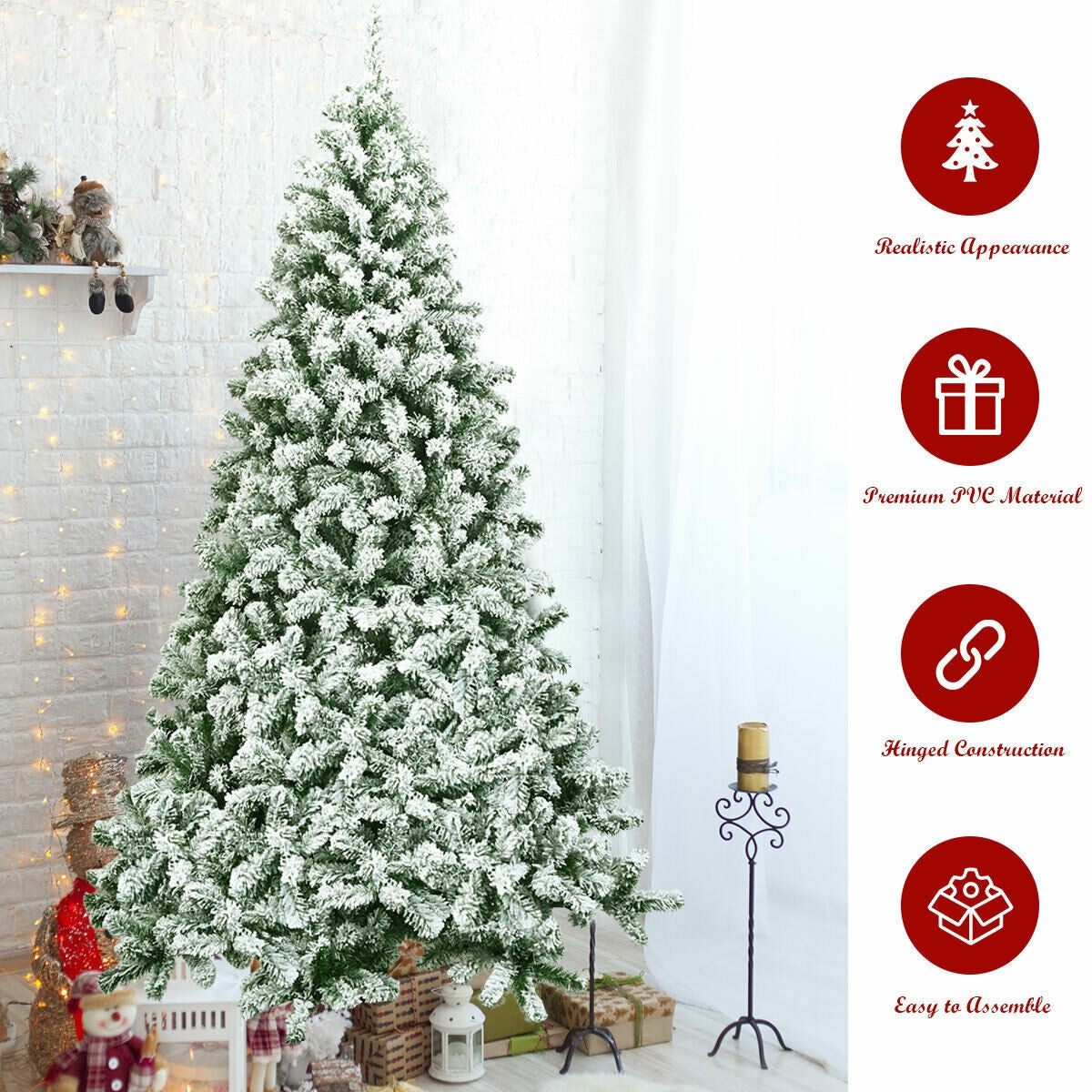 7.5 Feet Artificial Christmas Tree with Snow Flock, Hinged Design & Foldable Base