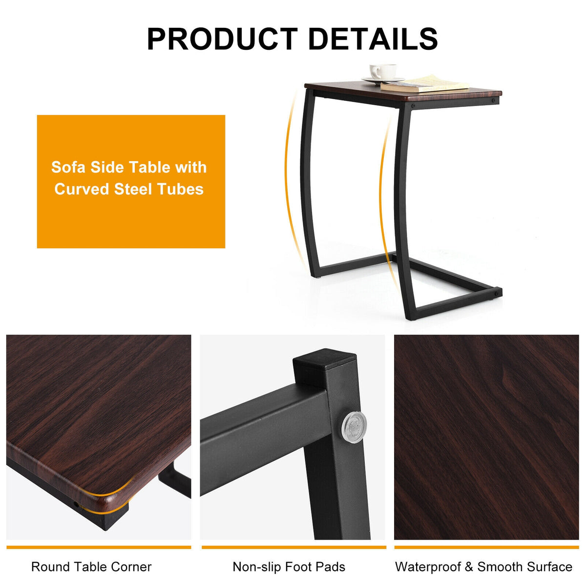 C-Shaped Sofa Side Table - Coffee